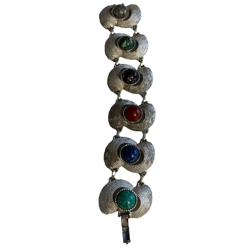 Signed SARAH COVENTRY Vintage Silver Tone Faux Gemstone Wide Panel Bracelet